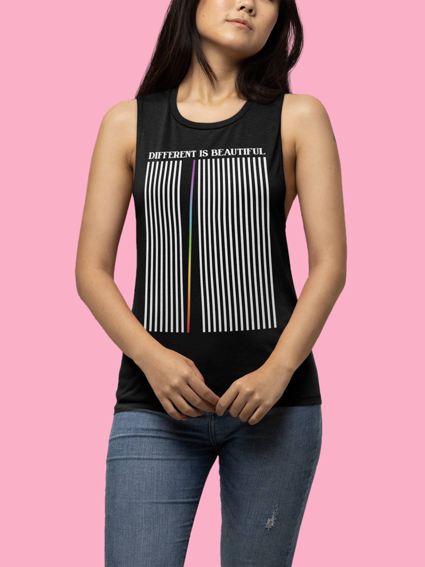 bella canvas sleeveless shirt mockup featuring a woman with long hair at a studio m14320 1
